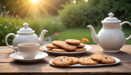 Fototapeta premium Rustic table with teapot and plate of cookies. Garden sunrise bokeh background