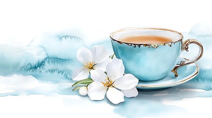 Serene Teacup with Blossoms  Watercolor Painting