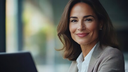 Fototapeta premium Confident Businesswoman Smiling in Modern Office Setting