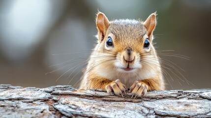 Curious squirrel on log, forest background; nature wildlife image