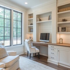 Fototapeta premium Home Office Design with Built in Bookshelves and Desk