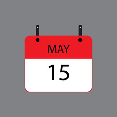 Calendar icon with date 15 of may on grey background. Vector schedule symbol.