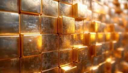 3D render of a gold abstract background with cubes, a golden wall pattern