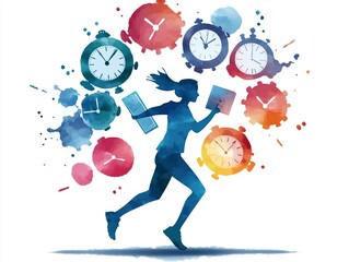 A person running with books and clocks symbolizes time management and multitasking