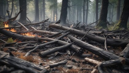Fototapeta premium A pyre of charred and broken tree limbs on a forest floor, log pile, forest fire damage