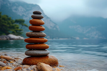 Fototapeta premium Serene Coastal Stacked Stones: A Symbol of Balance and Tranquility