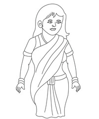 Cute cartoon hand drawn vector beautiful Indian women coloring page,