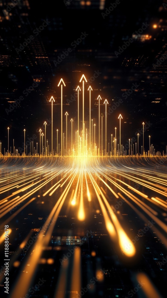 Poster golden arrows from a glowing skyline symbolize growth and innovation. vibrant light trails create a 