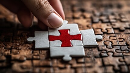 Close-up hand placing final red cross puzzle piece.
