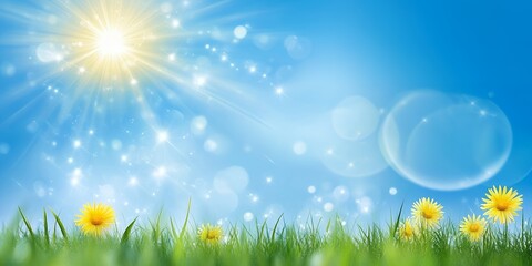 Obraz premium Vibrant Spring Meadow Sunlit Dandelions in Lush Green Grass Under a Bright Blue Sky