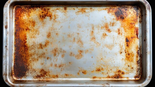 Dirty, stained, used metal baking sheet.