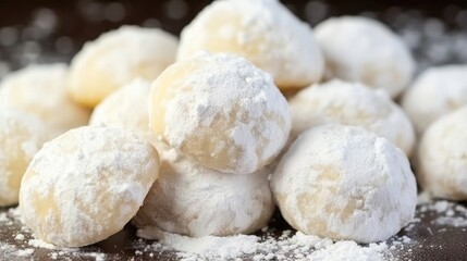 Fototapeta premium Homemade Snowball Cookies Mexican Wedding Cakes or Russian Tea Cakes dusted heavily with powdered sugar closeup Holiday Christmas dessert