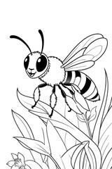 Obraz premium Cute Cartoon Bee on Flower with Detailed Line Art