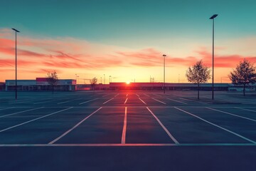 A tranquil and serene scene of an entirely empty parking lot adjacent to a large supermarket, beautifully highlighted by a stunning sunset that showcases vibrant colors against clear blue skies