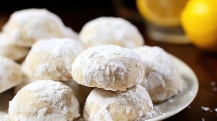 Traditional homemade Greek Kourabiedes (Christmas butter cookies) or Mexican wedding cakes dusted heavily with powdered sugar on a dark background.