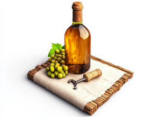 A bottle of white wine, grapes, and a corkscrew on rustic wood. Delightful!