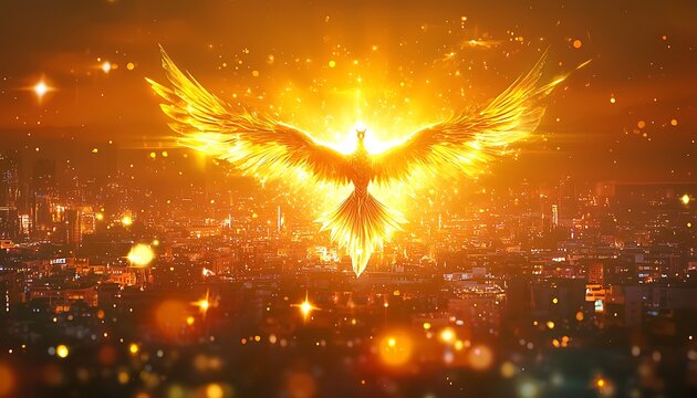 Mythical golden phoenix bird rises above a sparkling illuminated.