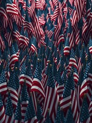 A solemn and respectful display of American flags creating a sea of red, white, and blue as a tribute to fallen veterans, remembrance, service, flags