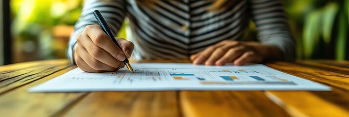 Person analyzes financial documents. Accountant reviews charts, graphs on papers. Focused hand holds pen, writes data. Financial analysis process in progress. Business person reviews budgets, balance