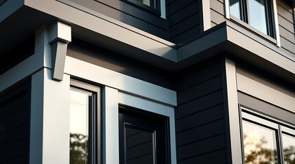 Modern House Exterior: Architectural Design and Details. Clean lines, grey and black color palette, contemporary style home. Real estate photography