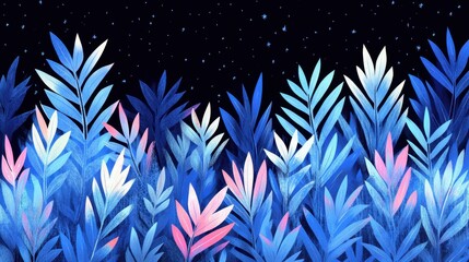 Enchanted Blue Night Garden: A Dreamlike Floral Scene Under a Starry Sky