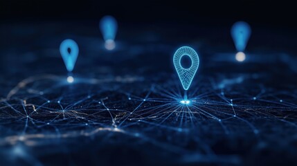 Digital map interface shows glowing location pins on network connections. Futuristic tech navigation system. Glowing blue pins highlight data points. Abstract design. Virtual world exploration