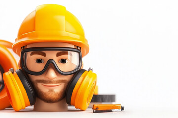 Construction Worker Safety: Helmet, Goggles, Earmuffs