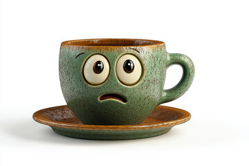 A worried teacup sits on its saucer, eyes wide with concern.  What's troubling this cute ceramic friend?