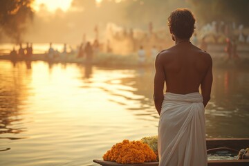 Indian man stands by river during Pitru Paksha ceremony. Religious devotion, respect for ancestors. Man in traditional white cloth offering flowers by river bank. Sunrise ceremony. Traditional