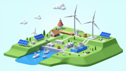 A cartoon depiction of a small island community with renewable energy sources like wind turbines and solar panels.