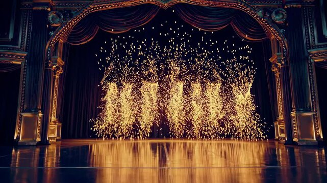 A dazzling stage illuminated by golden rays and sparks creates a captivating background