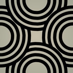 black and white seamless pattern. A complex arrangement of bold black circles layered on a lighter background features various concentric rings, enhancing visual interest and depth, ideal for artistic