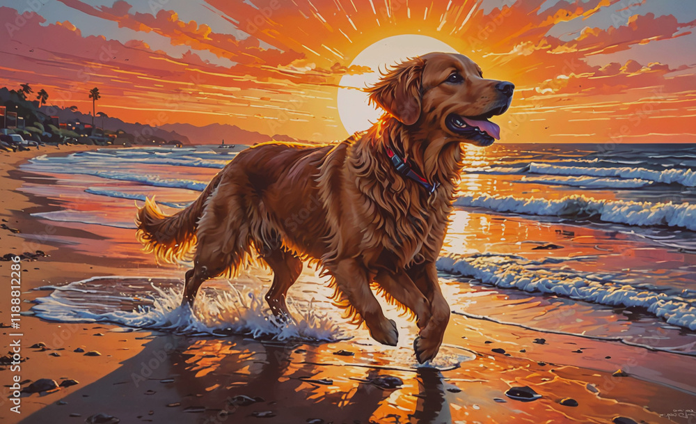 Poster dog is running on the beach. the dog is brown and has a red collar. the sun is setting in the backgr