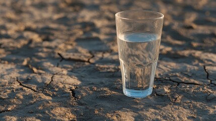 A full glass of water placed on dry, cracked ground, symbolizing the growing global concern about drinking water shortages due to climate change and prolonged droughts