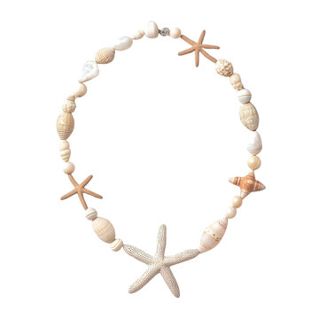 A beautiful seashell necklace with starfish, perfect for beach lovers and summer vibes., isolated on a transparent background.