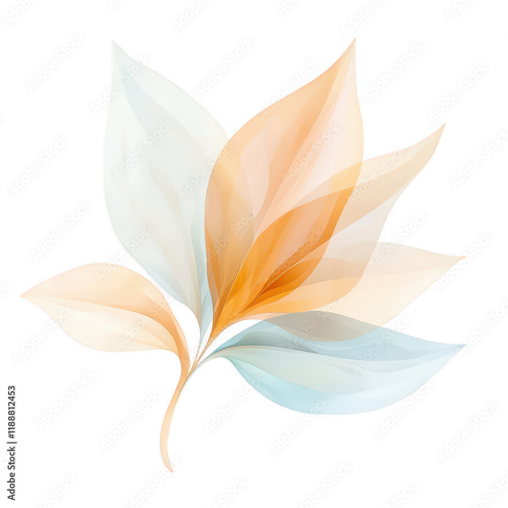 Poster a beautifully abstract representation of translucent leaves in soft colors., isolated on a transpare