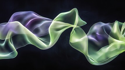 **Iridescent flowing overlaps of translucent ribbons in pastel lime green and lavender