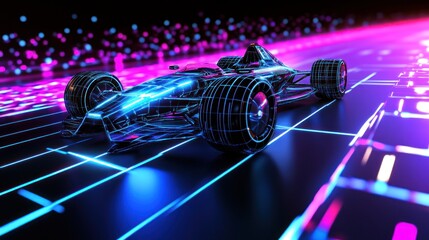 Futuristic wireframe race car speeding on a neon track.