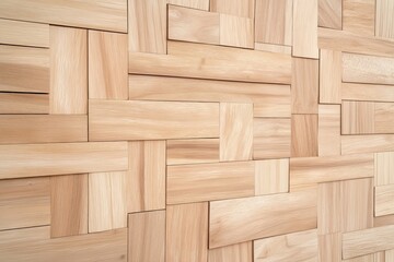 Fototapeta premium Close-up view of modern wooden wall design. Vertical wooden planks arranged in geometric pattern. Light beige color. Natural wood grain texture. Rustic style. Wall paneling creates unique design for