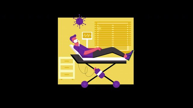 A man lying on a hospital bed, wearing a mask, in a health-related setting with a virus illustration.