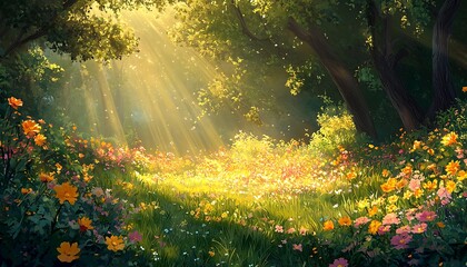 Obraz premium A serene meadow with glowing flowers and golden sunlight streaming through.