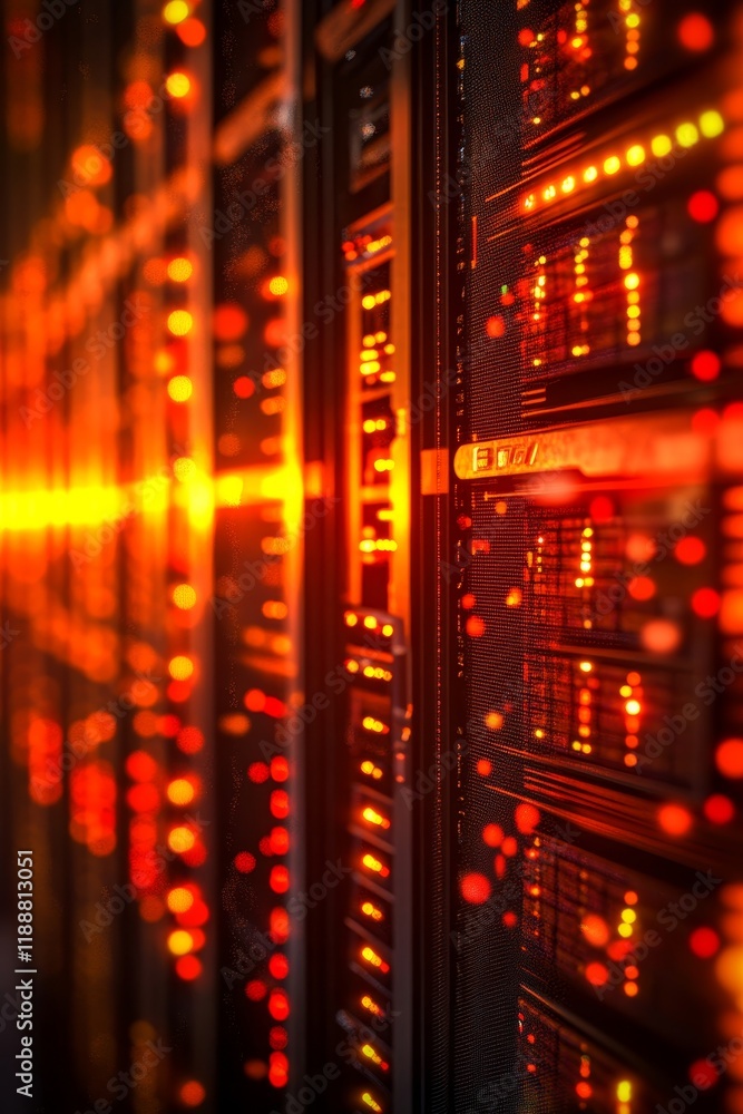 Poster server room. network equipment, data center technology, web hosting background with red lights