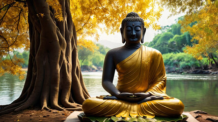 Siddharta, Buddha sitting in a serene Meditative posture, providing a message of peace, positivity and enlightenment