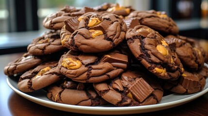 Stack of homemade double chocolate peanut butter cup cookies piled high on a white plate, fresh baked dessert ready to eat