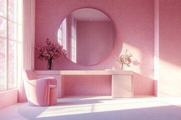 Pink Room Design:  Stylish Chair, Vanity, Flowers, and Mirror Reflecting Sunlight, Creating a Serene Atmosphere.