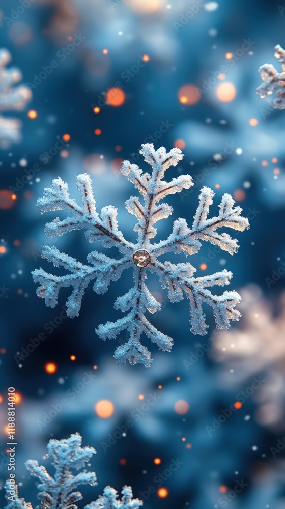 Poster close-up of a detailed snowflake with bokeh lights.