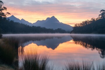 Fototapeta premium Tranquil lake reflecting mountains and trees under a glowing sunset sky