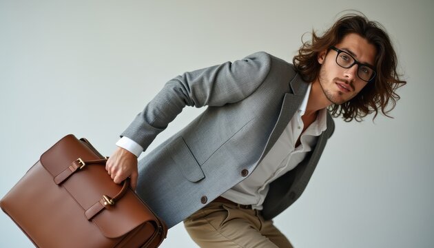 A fashionable young man with tousled hair and glasses strikes a confident pose while holding a sleek brown briefcase. His tailored gray suit and white shirt exude professionalism, making him the