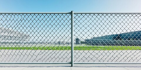 Industrial park security fence. Chain link barrier protects factory buildings. Clear sunny day. Gray metal fence surrounds area with grassy yard. Modern commercial facility. Industrial site. Secure