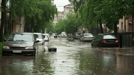Flooded street with cars garbage floating on water after heavy rainfall, depicting urban disaster environmental impact. A scene of water damage, pollution, city infrastructure under crisis conditions